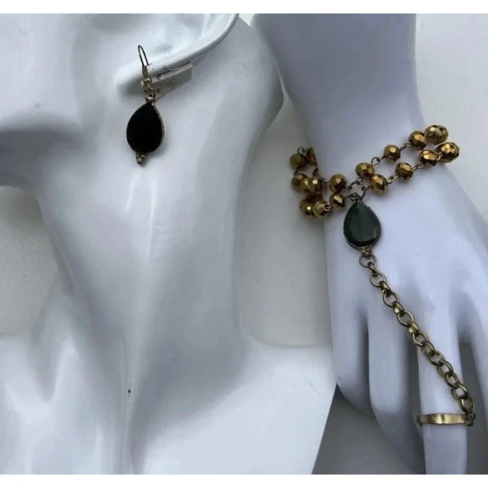 Vintage Green resin earrings bronze resin earrings matching bracelet Sz 7